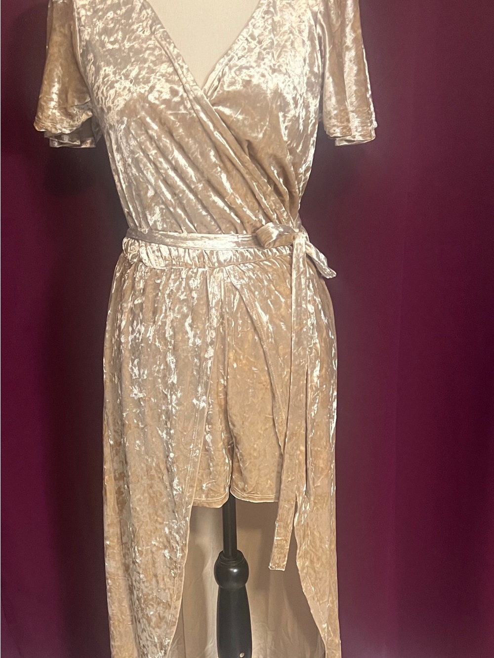 love, Fire Champagne Velvet Wrap High-Low Dress